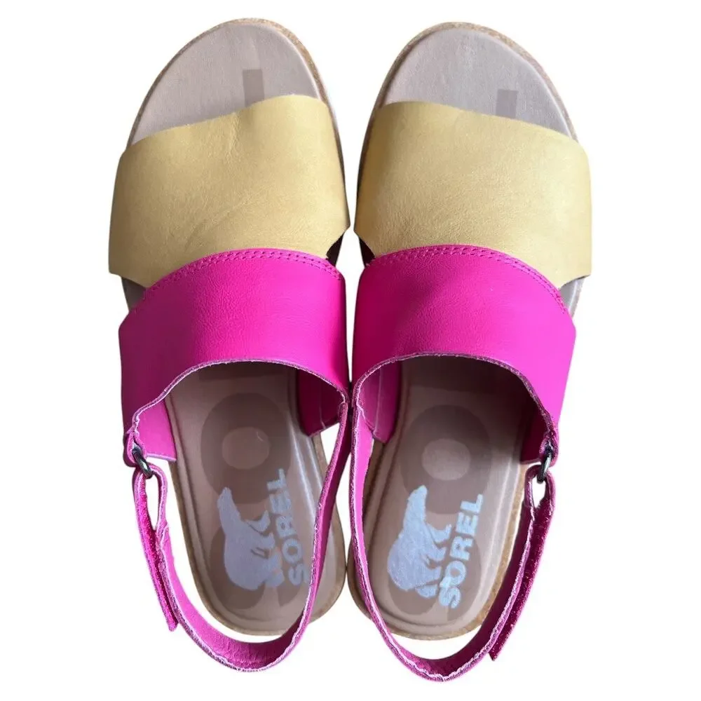 SOREL Pink Cut Out Ella Ii Round Toe Leather Slingback Sandals, US6.5
